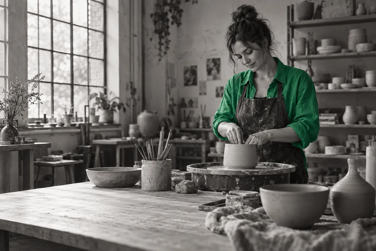 Illustration : une céramiste au travail dans son atelier