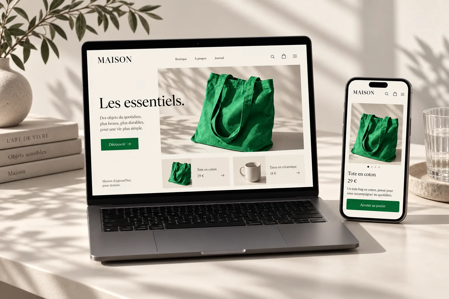 Exemple illustratif de boutique sur ordinateur et mobile avec des photos de produits et un bouton d’ajout au panier